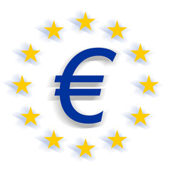 Euro as € as EUR, the currency of the European Union, simple flat style with creative shadow 3d-effect , Arial Italic, isolated, yellow and blue round icon symbol, stars of the EU design