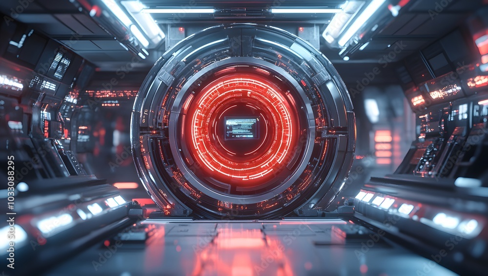 Poster 3d rendering of a futuristic, round digital display with cyberpunk elements and red light inside a s