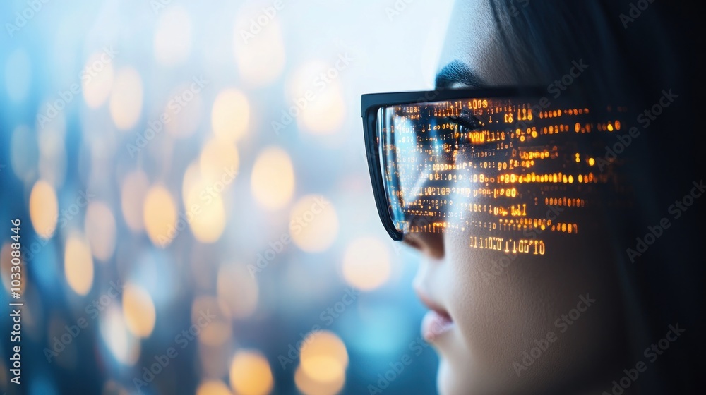 Aufkleber Woman Wearing Glasses Reflecting Binary Code with Bokeh Lights in Background
