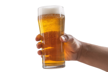 a hand holding a tall glass of golden beer with a frothy head.