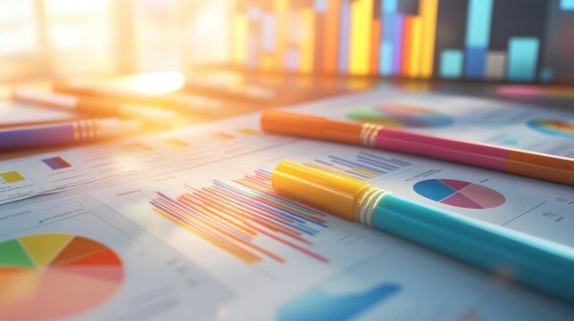 Colorful Pens Resting on Spread of Charts and Graphs