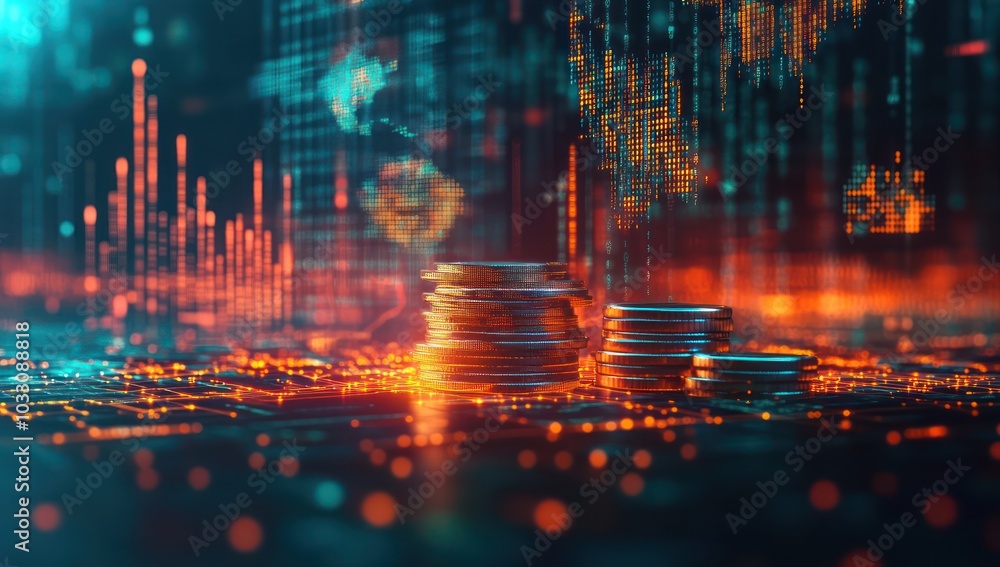 Aufkleber stack of coins with digital financial graph background