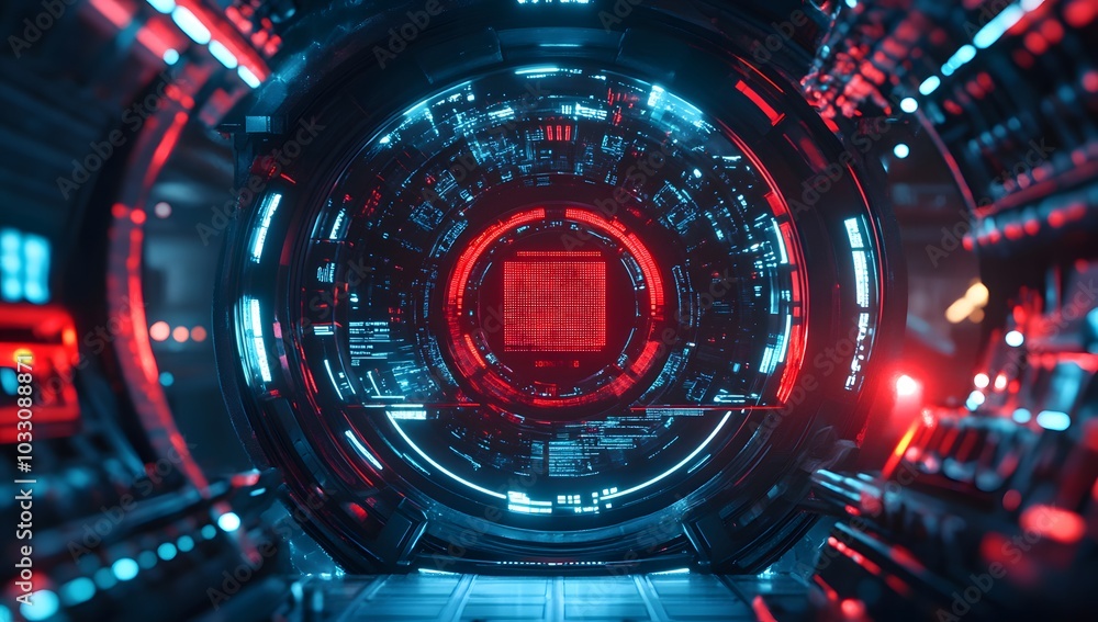 Poster 3d rendering of a futuristic, round digital display with cyberpunk elements and red light inside a s