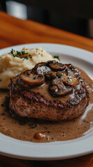 Delicious steak with mushrooms and mashed potatoes.