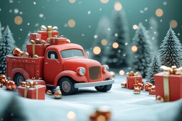 Festive Vintage Truck with Gifts in Snowy Winter Wonderland Scene