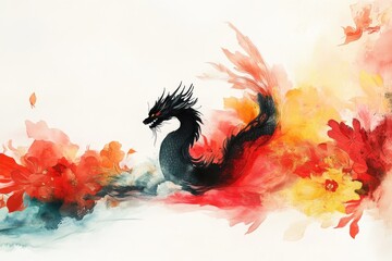 Fototapeta premium Vibrant Dragon Amidst Colorful Floral Abstraction in Watercolor Art