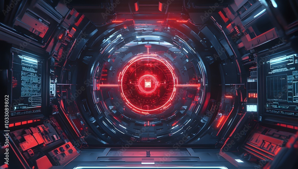 Poster 3d rendering of a futuristic, round digital display with cyberpunk elements and red light inside a s