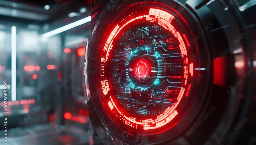 Poster 3d rendering of a futuristic, round digital display with cyberpunk elements and red light inside a s