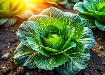 Obraz premium Fresh Organic Cabbage Growing in Lush Garden - Vibrant Green Leaves Showcase Abundant Homegrown Produce