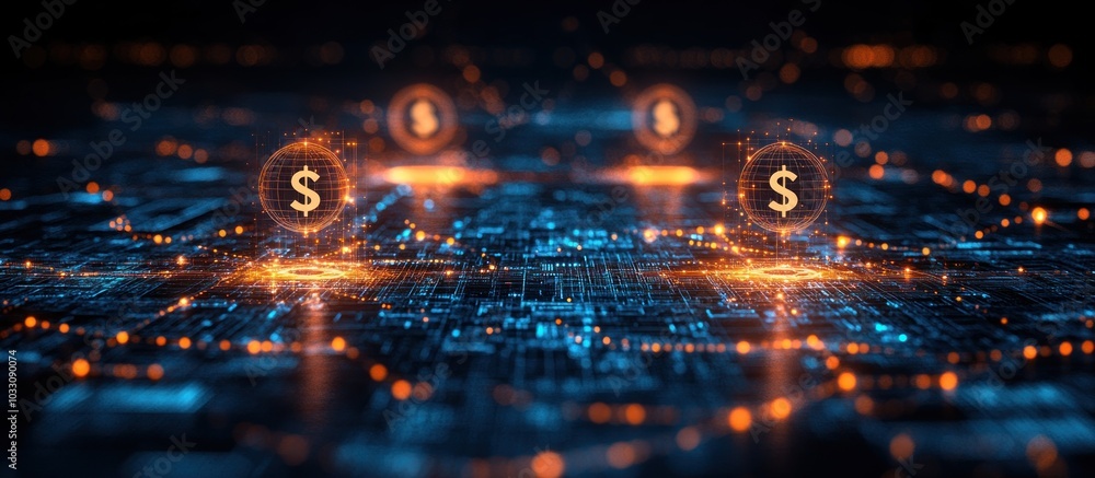 Poster digital representation of currency transactions in a futuristic network.