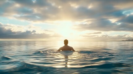 A serene sunset view over calm waters with a silhouetted figure swimming, creating a tranquil and inspiring atmosphere.