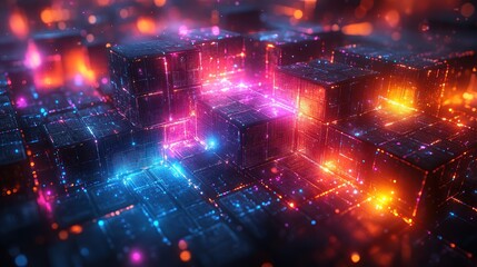 Naklejka premium A vibrant digital landscape featuring glowing cubes and abstract light patterns.