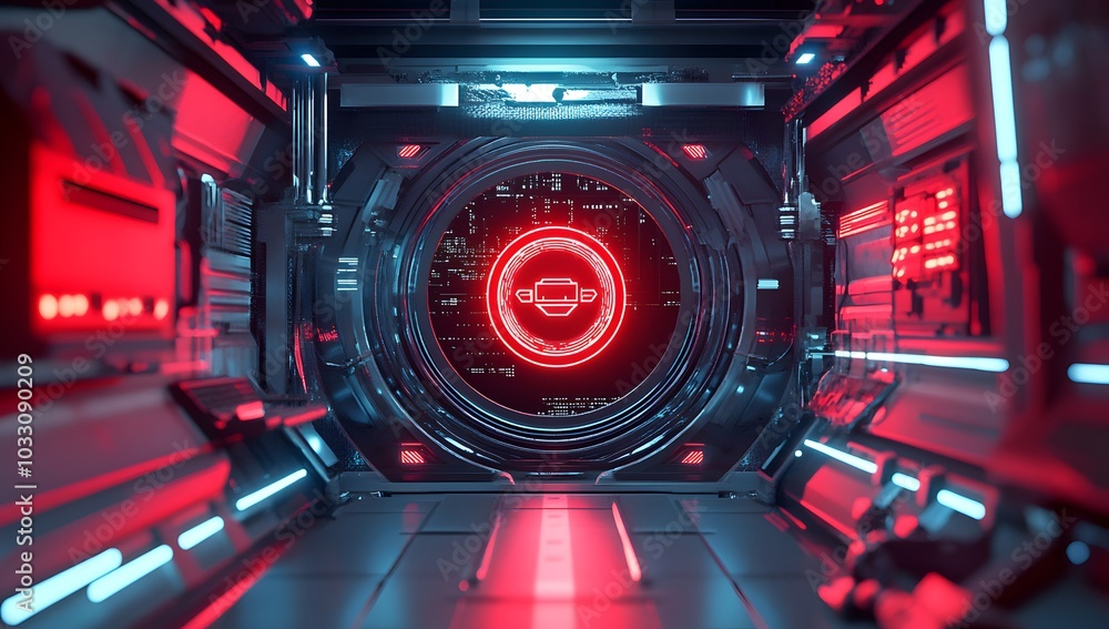 Poster 3d rendering of a futuristic, round digital display with cyberpunk elements and red light inside a s