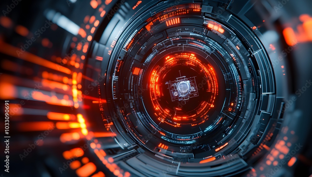 Poster 3d rendering of a futuristic, round digital display with cyberpunk elements and red light inside a s