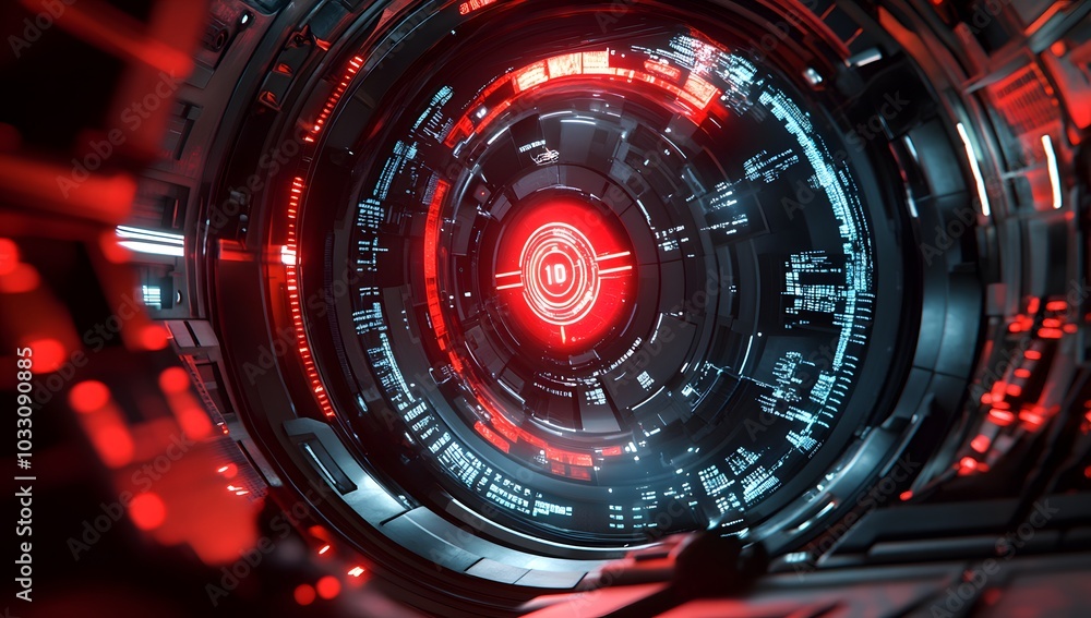 Poster 3d rendering of a futuristic, round digital display with cyberpunk elements and red light inside a s