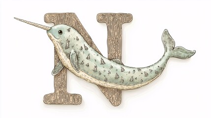 Fototapeta premium Nurturing Narwhal with the Letter N in Soft Colors