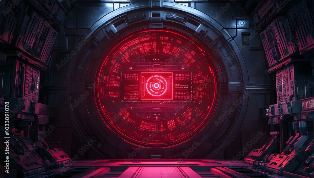 Poster 3d rendering of a futuristic, round digital display with cyberpunk elements and red light inside a s