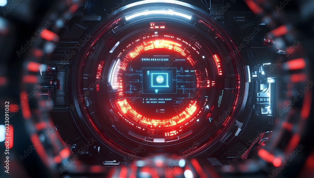 Poster 3d rendering of a futuristic, round digital display with cyberpunk elements and red light inside a s