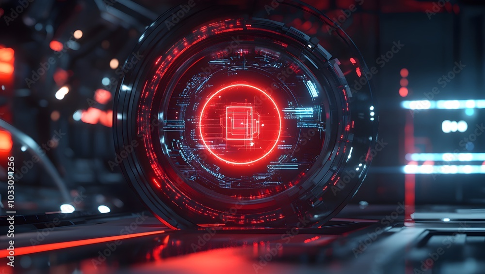 Poster 3d rendering of a futuristic, round digital display with cyberpunk elements and red light inside a s