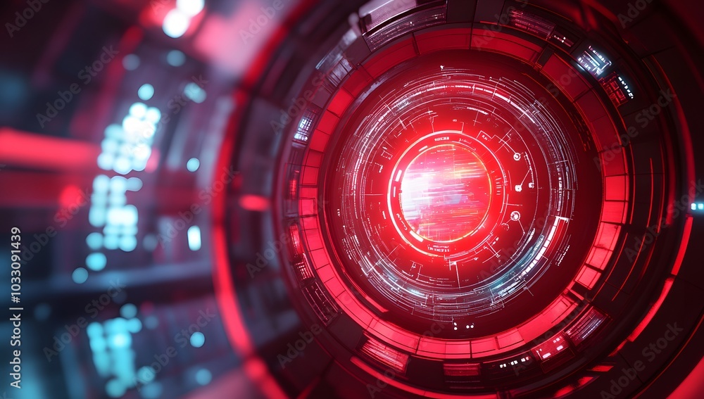 Poster 3d rendering of a futuristic, round digital display with cyberpunk elements and red light inside a s