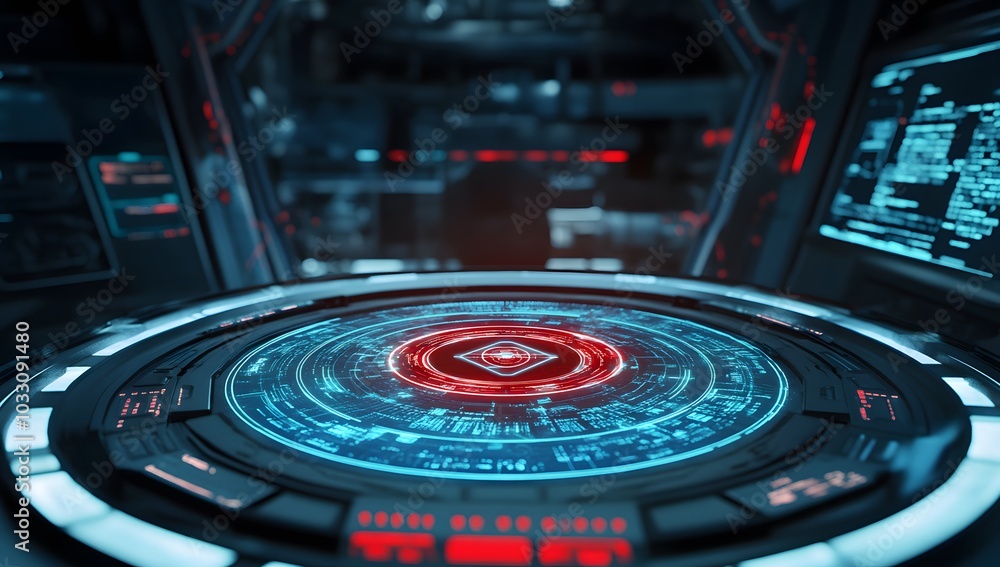 Poster 3D rendering of a futuristic, round digital display with cyberpunk elements and red light inside a space station. 