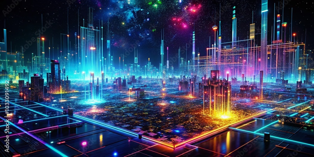 Poster futuristic cybernetic landscape with big data visualization in 3d rendering