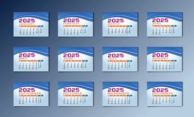 Modern 2025 new year english desk calendar template printable design