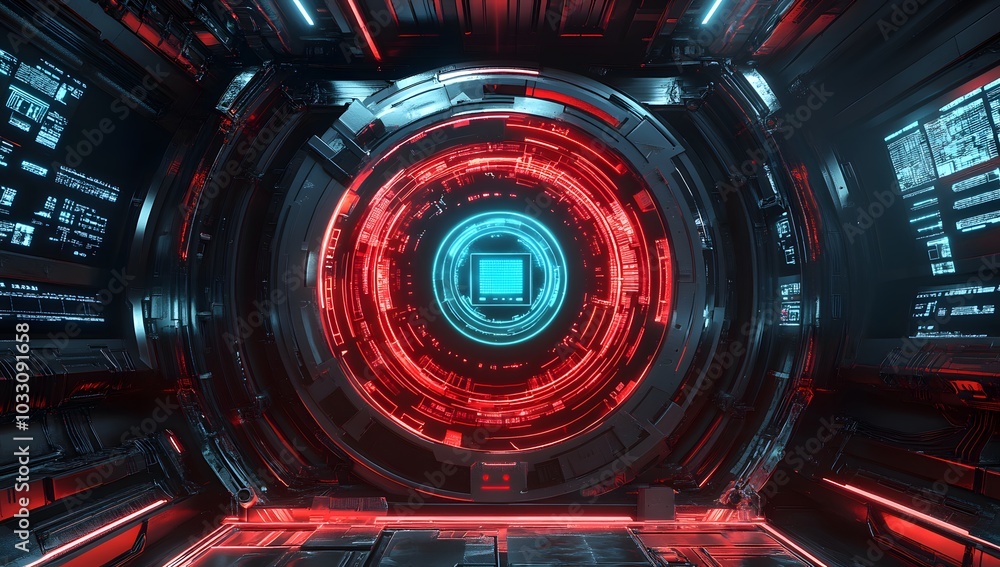 Poster 3d rendering of a futuristic, round digital display with cyberpunk elements and red light inside a s