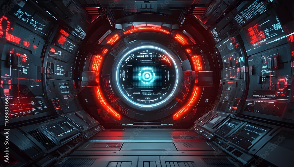 Poster 3d rendering of a futuristic, round digital display with cyberpunk elements and red light inside a s