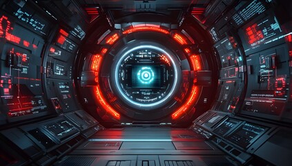 Obraz premium 3D rendering of a futuristic, round digital display with cyberpunk elements and red light inside a space station. 