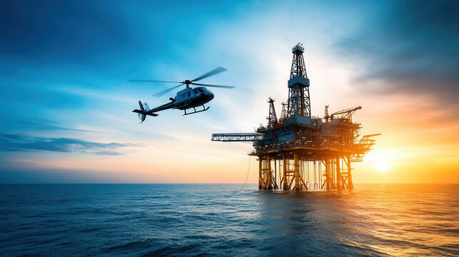 helicopter flying over oil rig in ocean during sunset creates dramatic scene. vibrant colors of sky reflect energy of industry