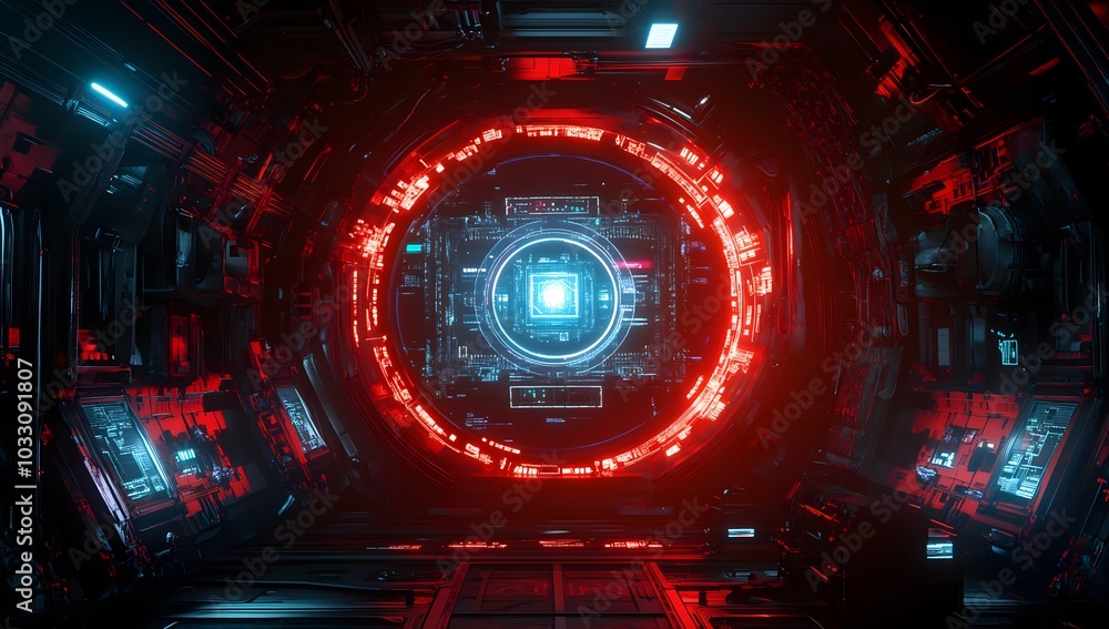 Poster 3d rendering of a futuristic, round digital display with cyberpunk elements and red light inside a s