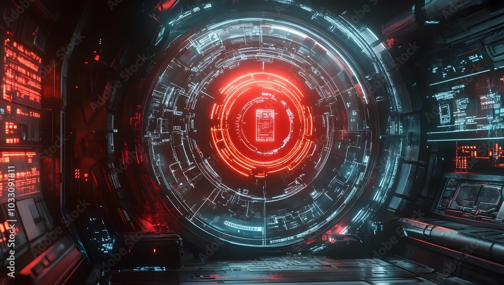 Poster 3d rendering of a futuristic, round digital display with cyberpunk elements and red light inside a s