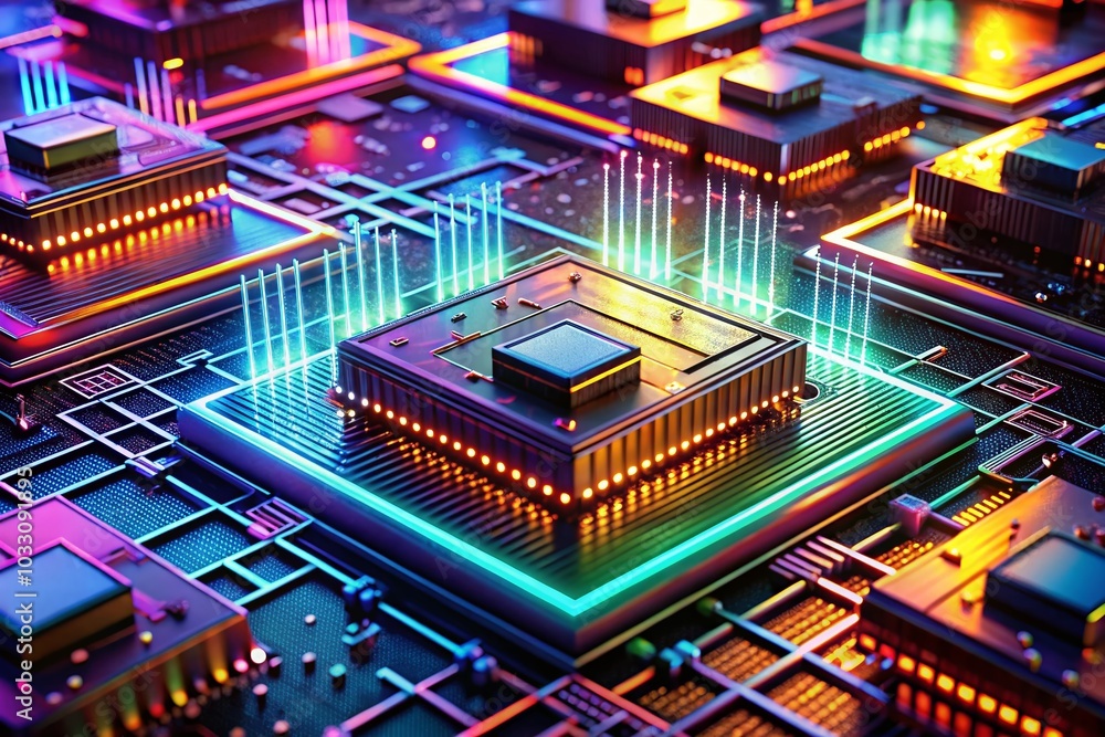 Poster futuristic microchip processors on wafer with neon lights – high-tech hardware concept in 4k quality