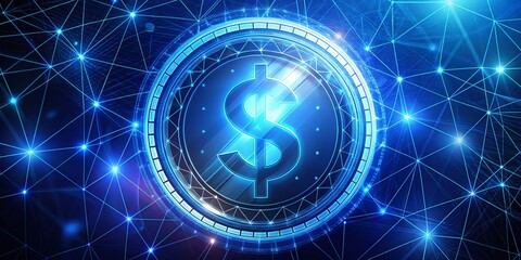 Futuristic Low Polygonal Dollar Coin Design with Glowing Effects on Dark Blue Tech Background for Financial Technology