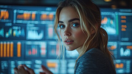 A young woman with blue eyes stares intently at the camera, her expression serious and focused, with a large monitor displaying data and graphs behind her.