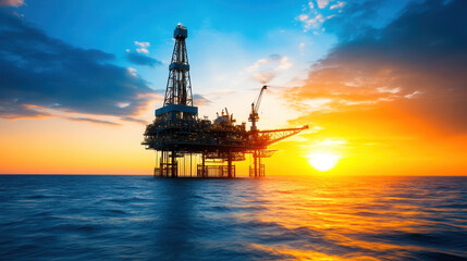 Obraz premium Massive offshore oil platform at dawn, silhouetted against vibrant sunrise over ocean, showcasing industrial engineering and natural beauty