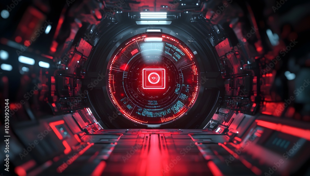 Poster 3d rendering of a futuristic, round digital display with cyberpunk elements and red light inside a s