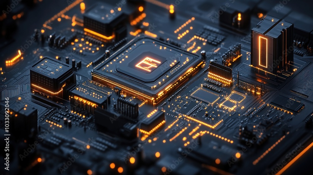 Poster a close-up view of a computer motherboard with glowing circuitry.