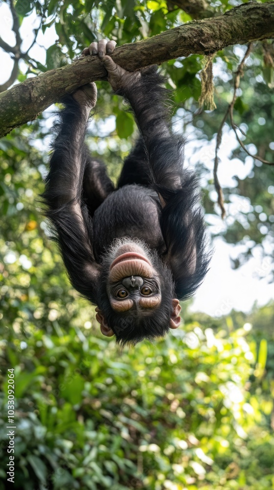 Poster a chimpanzee hangs upside down from a tree branch, looking at the camera with a curious expression.