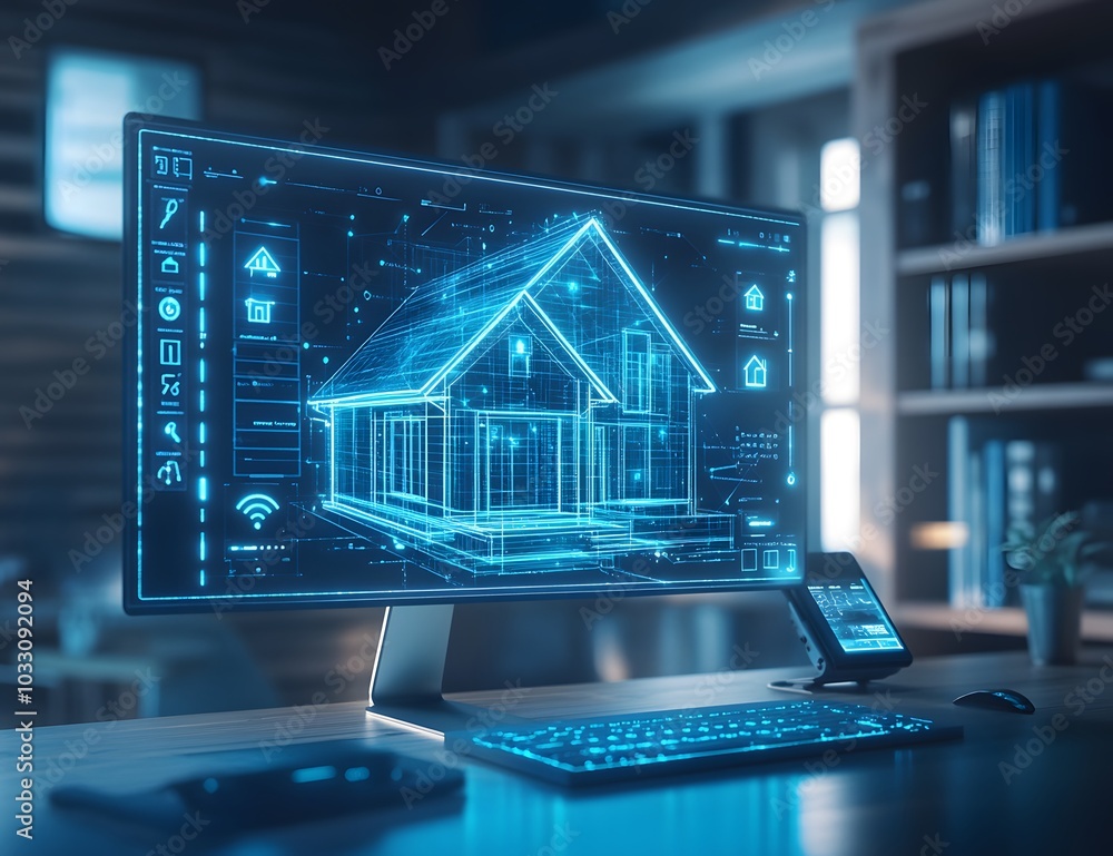 Poster 3d rendering of a smart home security system on a computer screen with holographic icons and a house