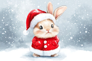 A cute bunny wearing a Santa hat and red coat, set in a snowy winter scene.