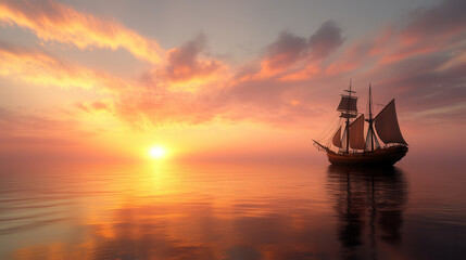 Obraz premium majestic ship sails across calm sea at sunset, silhouetted against vibrant sky filled with hues of orange and pink. tranquil waters reflect stunning colors, creating serene atmosphere