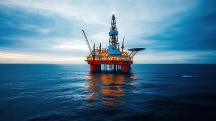 Fototapeta premium illuminated oil platform stands majestically in ocean during twilight, showcasing its industrial structure against dramatic sky. scene evokes sense of wonder and vastness of sea