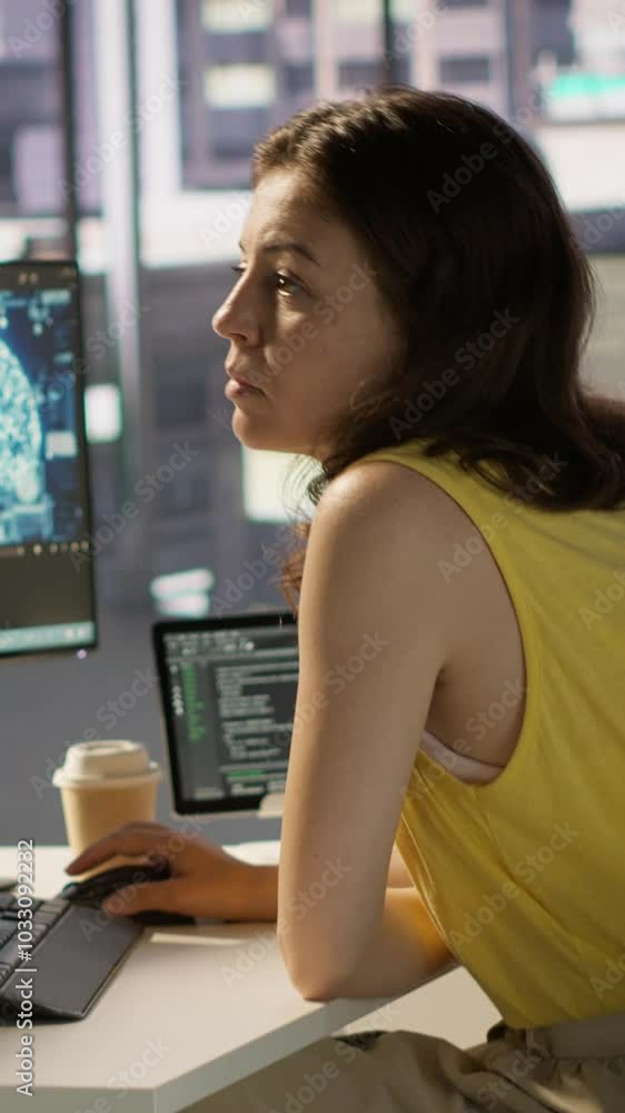 Poster vertical video admin and coworker conducting experiments and tests to optimize ai machine learning m