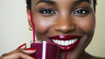 Close-up of a woman with red lipstick smiling and drinking from a glass with a red straw