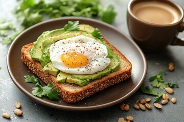 Delicious Breakfast with Avocado Toast, Fried Egg, and Coffee