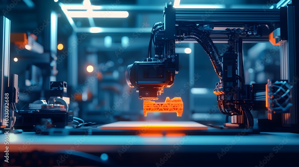 Poster 3d printer creating an orange object in a factory setting