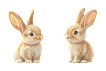 Obraz premium Two adorable brown rabbits sitting close together on a white isolated background. transparent background