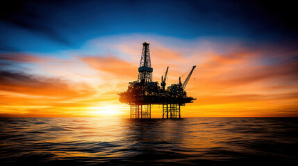 Offshore oil rig silhouetted against fiery sunset, creating dramatic scene over calm ocean waters. vibrant colors evoke sense of tranquility and industry